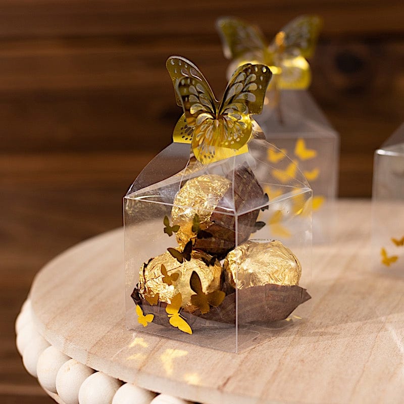 25 Clear Plastic Square Candy Gift Boxes with Gold Butterfly Top