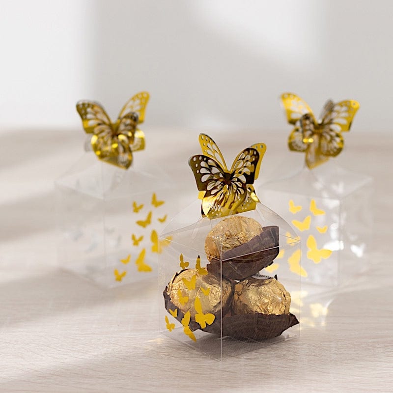 25 Clear Plastic Square Candy Gift Boxes with Gold Butterfly Top