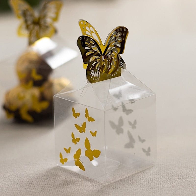 25 Clear Plastic Square Candy Gift Boxes with Gold Butterfly Top