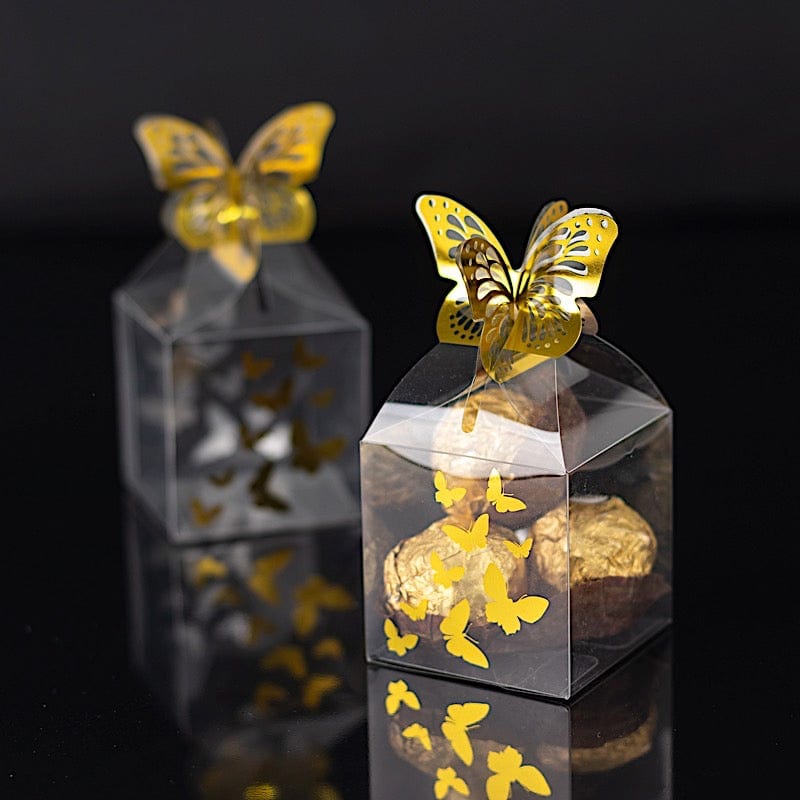 25 Clear Plastic Square Candy Gift Boxes with Gold Butterfly Top