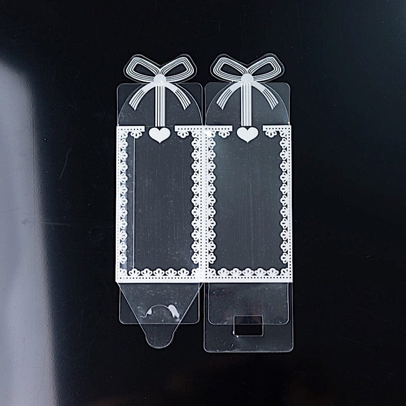 25 Clear Rectangular Plastic Favor Boxes with Bowknot and White Lace Pattern