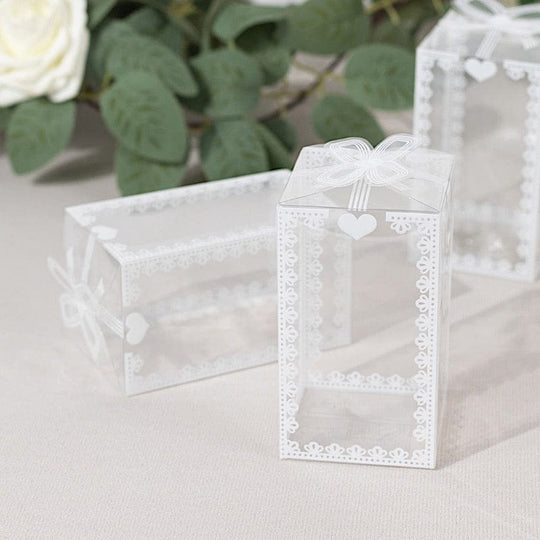 25 Clear Rectangular Plastic Favor Boxes with Bowknot and White Lace Pattern