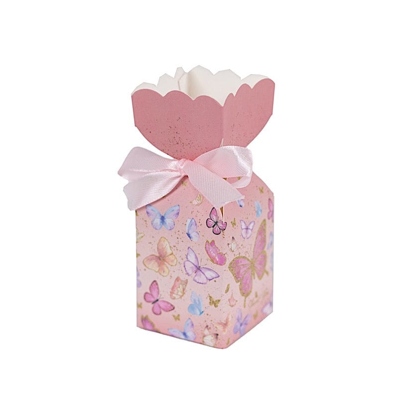 25 Pink Floral Top Party Favor Boxes with Butterfly Print