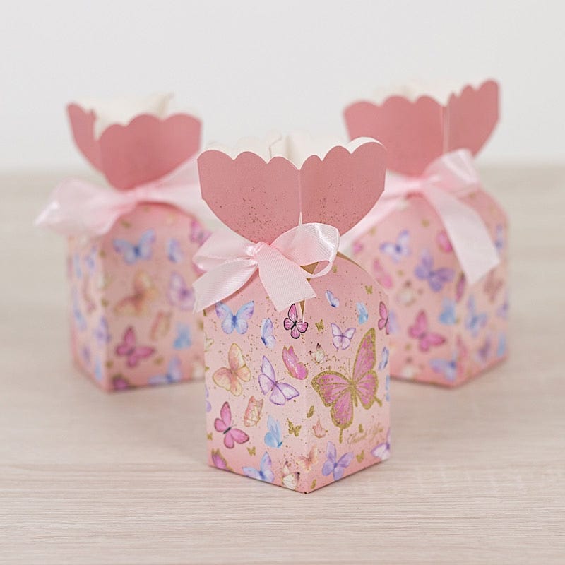 25 Pink Floral Top Party Favor Boxes with Butterfly Print