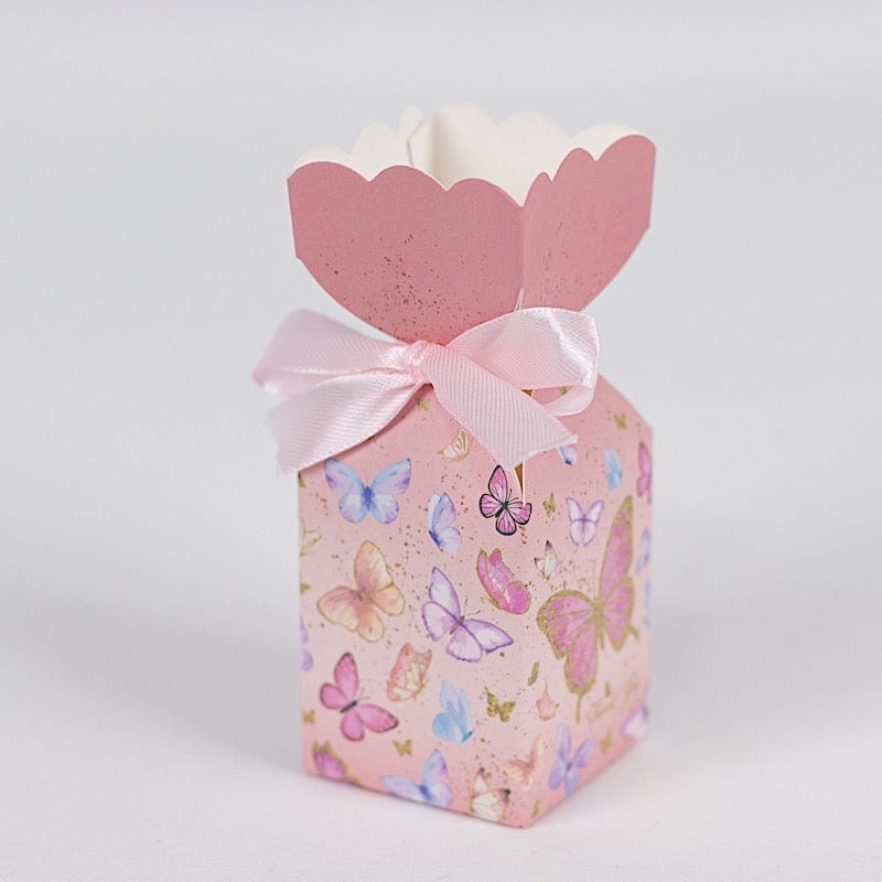 25 Pink Floral Top Party Favor Boxes with Butterfly Print