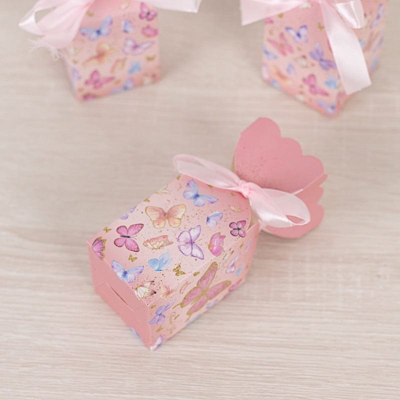 25 Pink Floral Top Party Favor Boxes with Butterfly Print