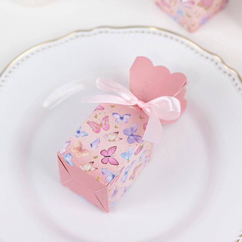 25 Pink Floral Top Party Favor Boxes with Butterfly Print