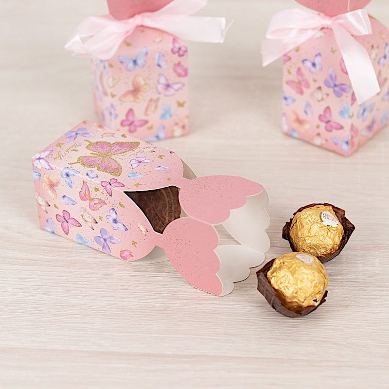 25 Pink Floral Top Party Favor Boxes with Butterfly Print