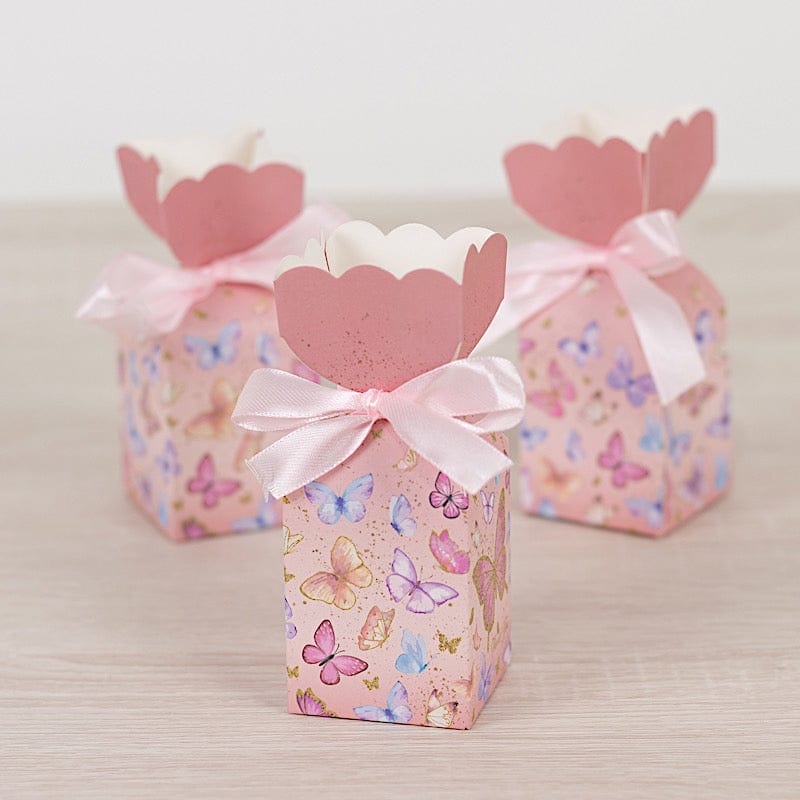 25 Pink Floral Top Party Favor Boxes with Butterfly Print