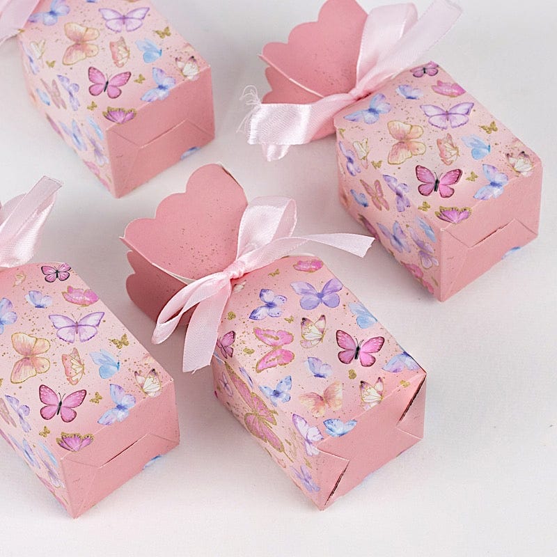 25 Pink Floral Top Party Favor Boxes with Butterfly Print