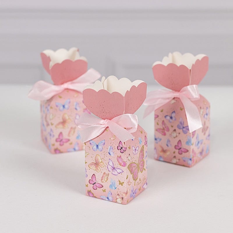 25 Pink Floral Top Party Favor Boxes with Butterfly Print