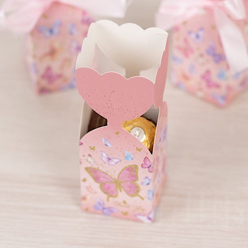 25 Pink Floral Top Party Favor Boxes with Butterfly Print