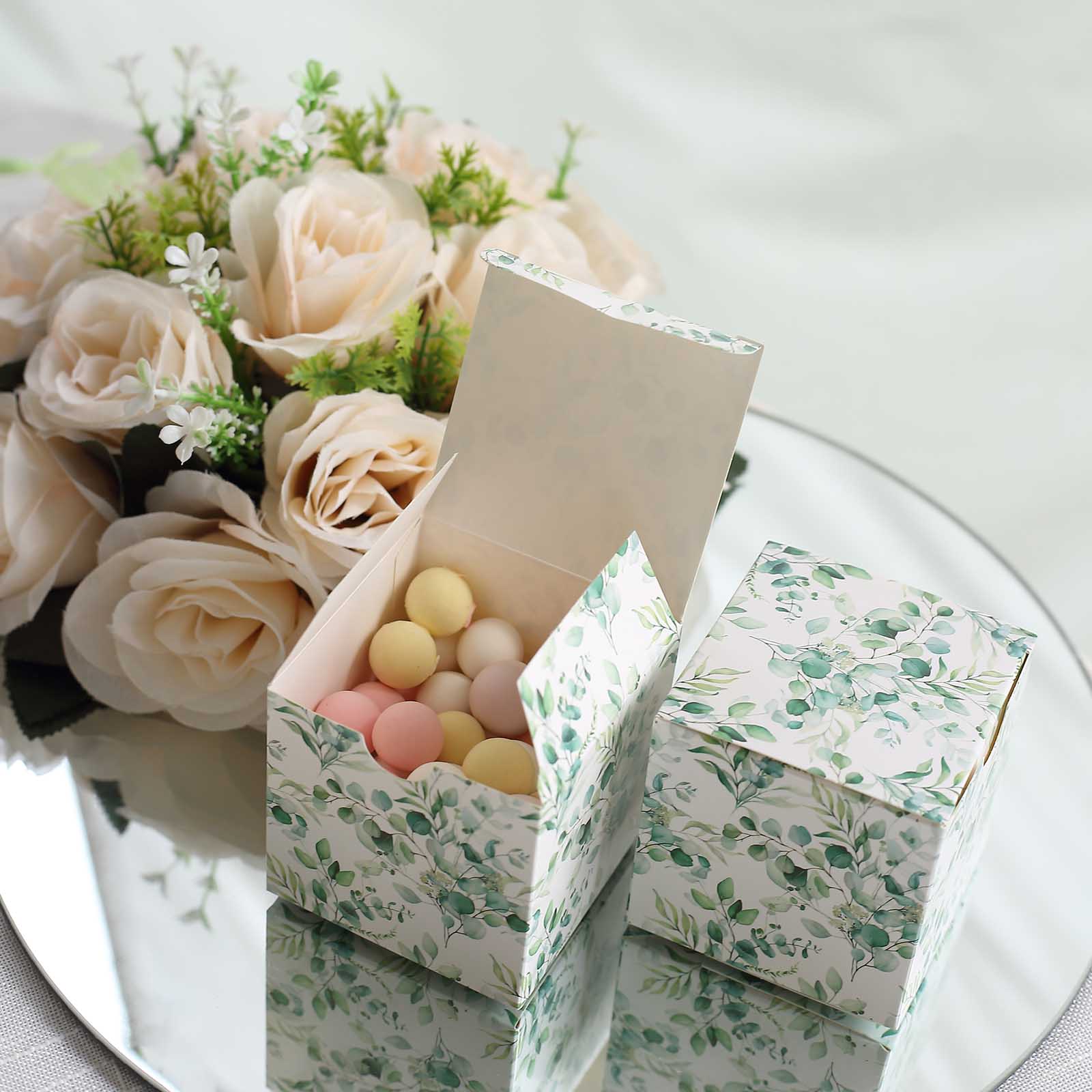25 White 3x3 in Floral Printed Square Gift Boxes Party Favor Holders