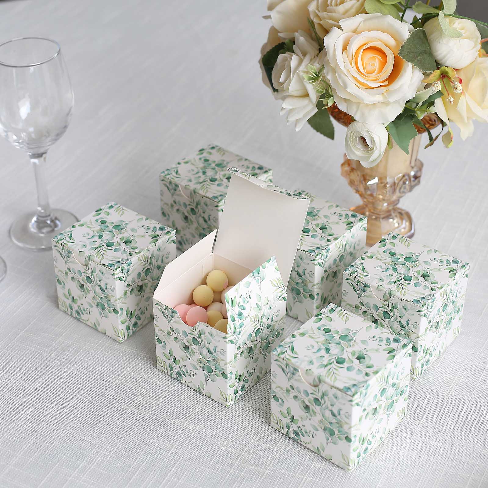 25 White 3x3 in Floral Printed Square Gift Boxes Party Favor Holders