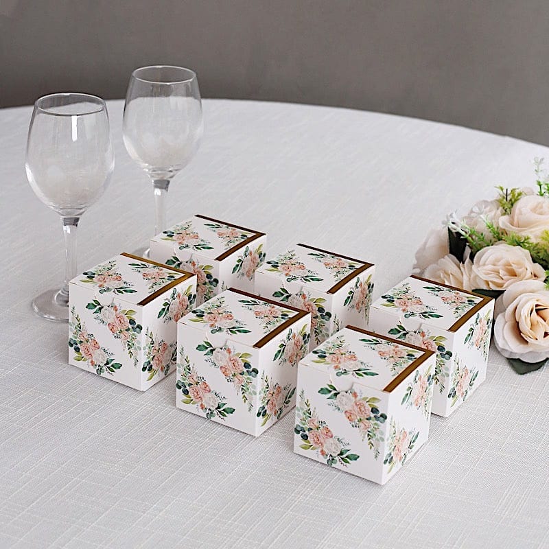 25 White 3x3 in Floral Printed Square Gift Boxes Party Favor Holders