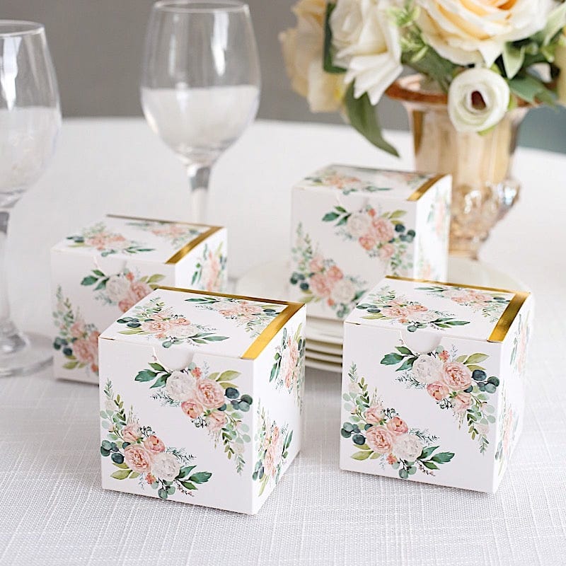25 White 3x3 in Floral Printed Square Gift Boxes Party Favor Holders