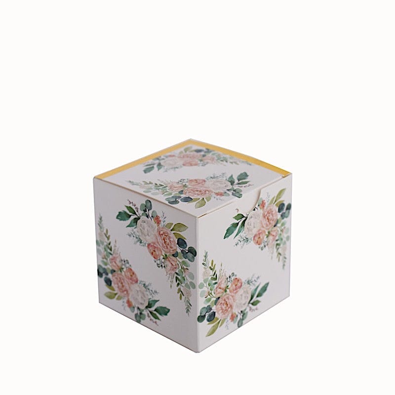 25 White 3x3 in Floral Printed Square Gift Boxes Party Favor Holders