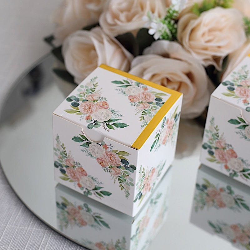 25 White 3x3 in Floral Printed Square Gift Boxes Party Favor Holders