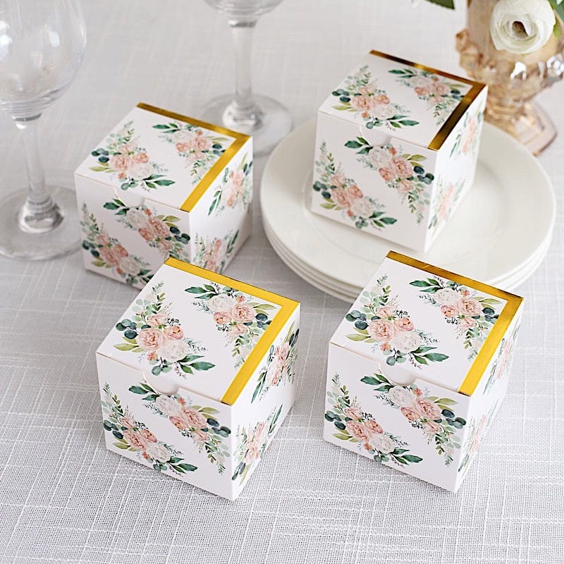25 White 3x3 in Floral Printed Square Gift Boxes Party Favor Holders