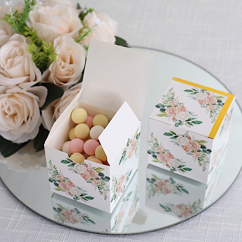 25 White 3x3 in Floral Printed Square Gift Boxes Party Favor Holders