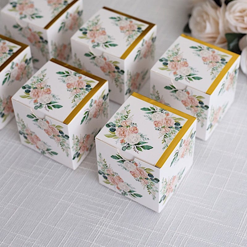 25 White 3x3 in Floral Printed Square Gift Boxes Party Favor Holders