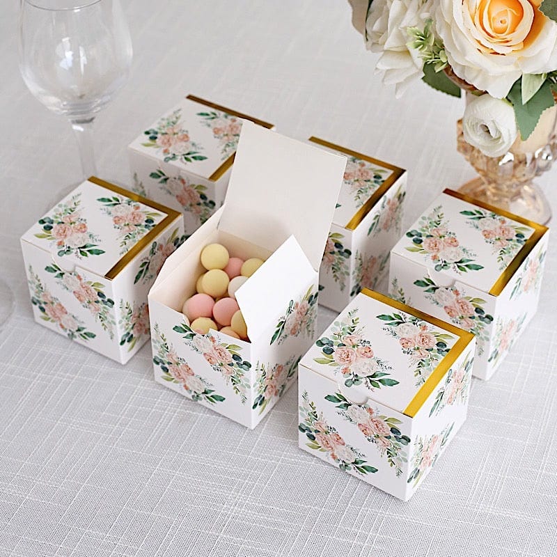25 White 3x3 in Floral Printed Square Gift Boxes Party Favor Holders