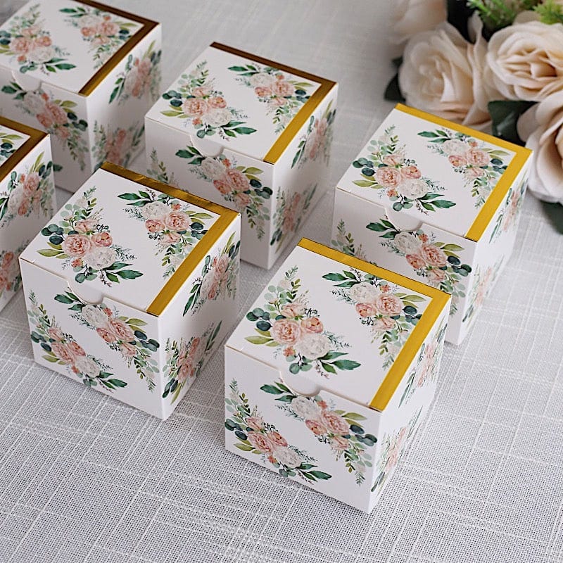 25 White 3x3 in Floral Printed Square Gift Boxes Party Favor Holders