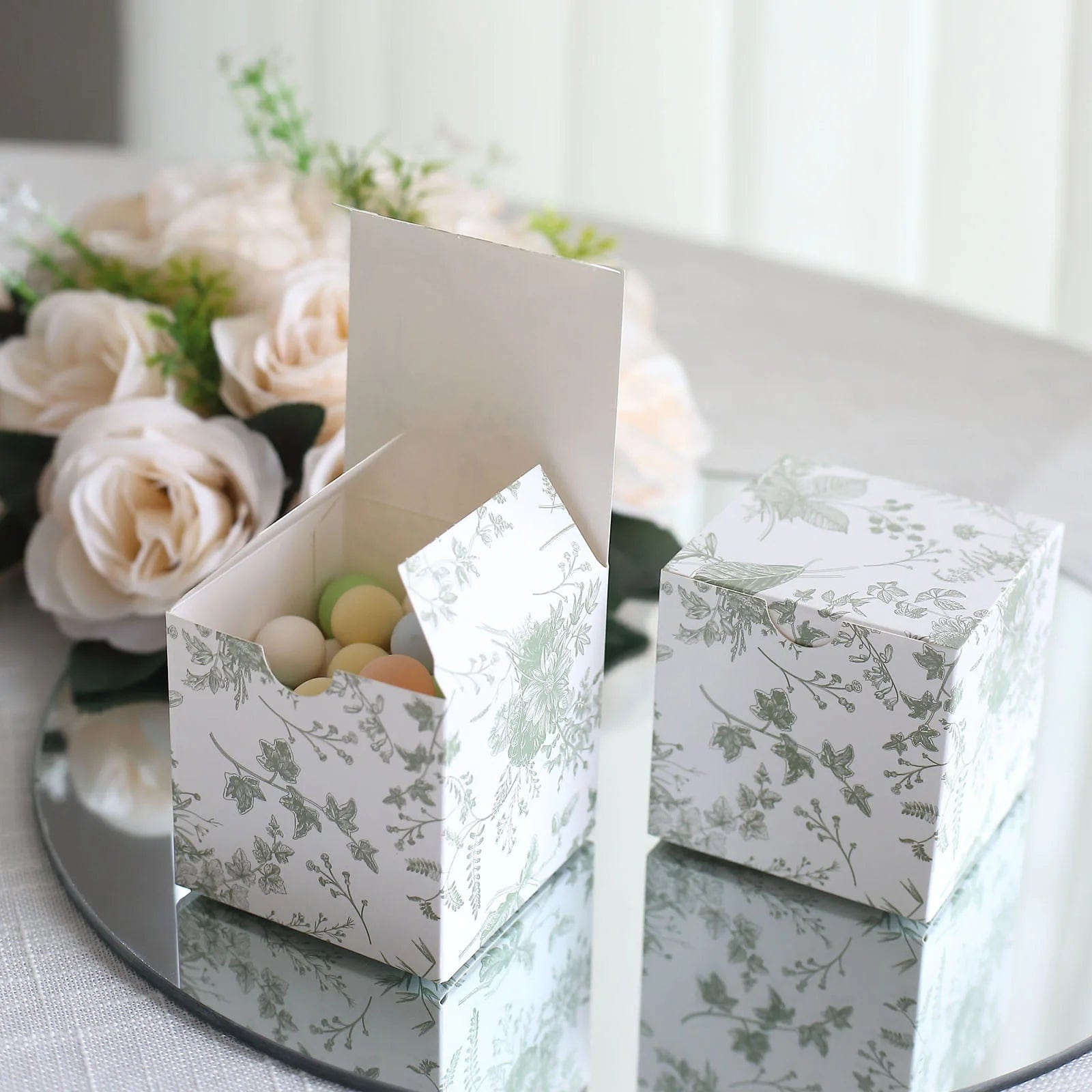 25 White 3x3 in Floral Printed Square Gift Boxes Party Favor Holders