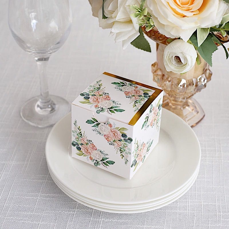 25 White 3x3 in Floral Printed Square Gift Boxes Party Favor Holders