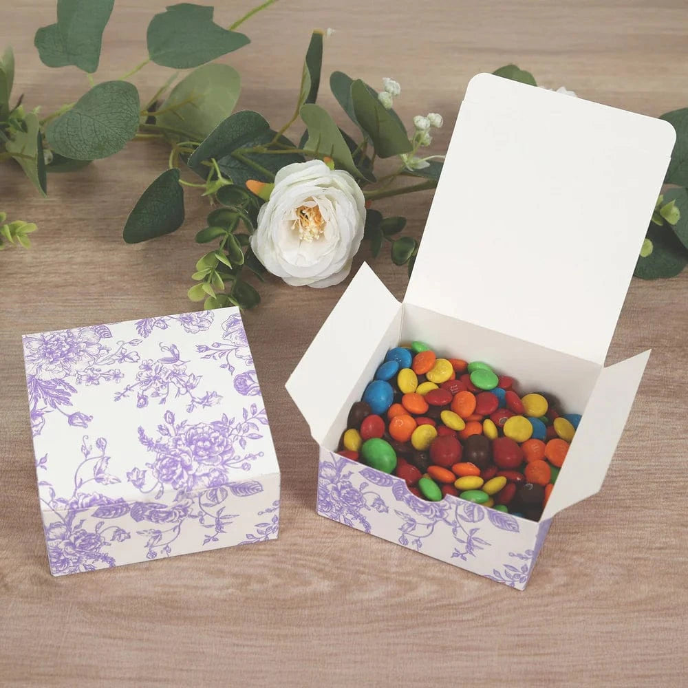 25 White 4x4 in Floral Printed Square Gift Boxes Party Favor Holders