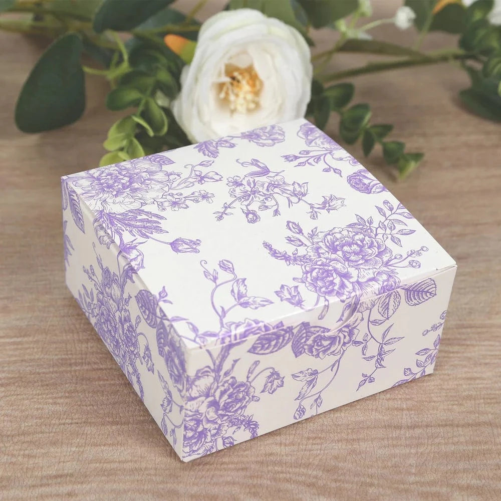 25 White 4x4 in Floral Printed Square Gift Boxes Party Favor Holders