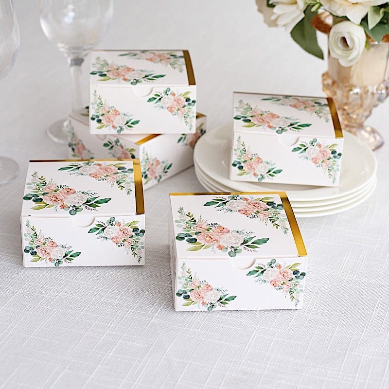25 White 4x4 in Floral Printed Square Gift Boxes Party Favor Holders