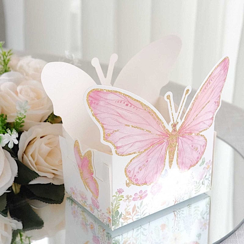 25 White and Pink Glitter Butterfly Theme Paper Food Trays