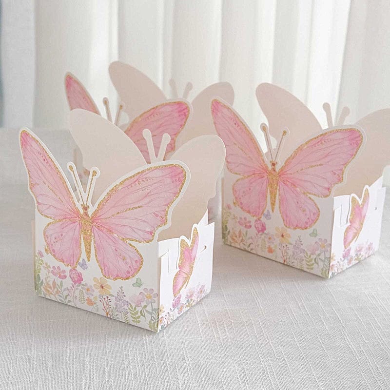 25 White and Pink Glitter Butterfly Theme Paper Food Trays