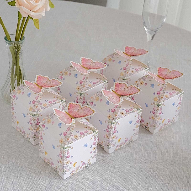 25 White and Pink Glitter Butterfly Top Party Favor Boxes
