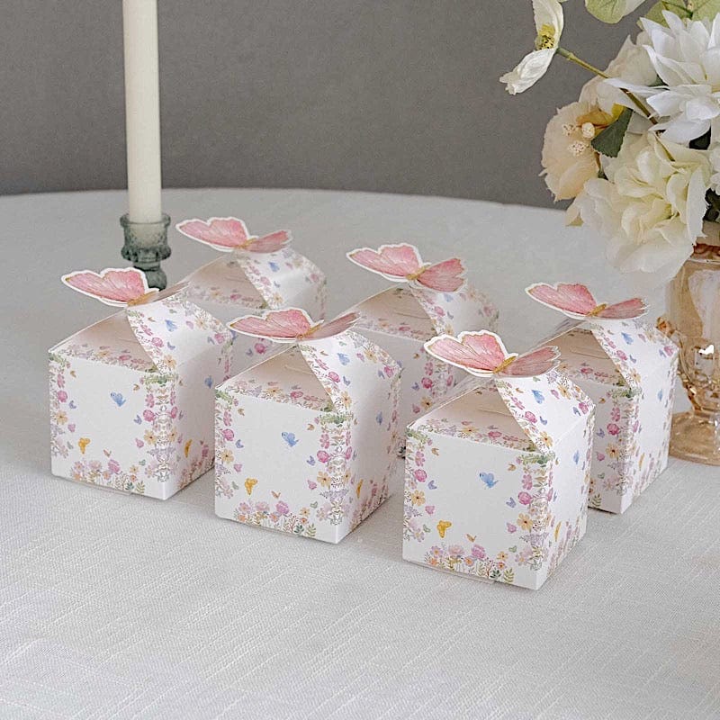 25 White and Pink Glitter Butterfly Top Party Favor Boxes
