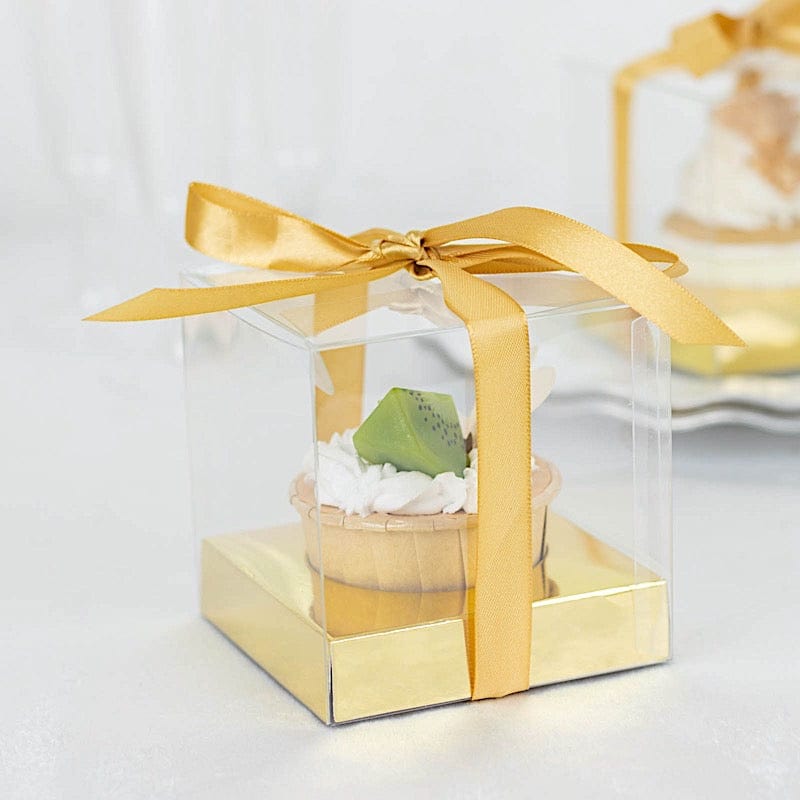 12 Square 3.5 Cupcake Boxes Favor Holders with Ribbons - Gold Clear