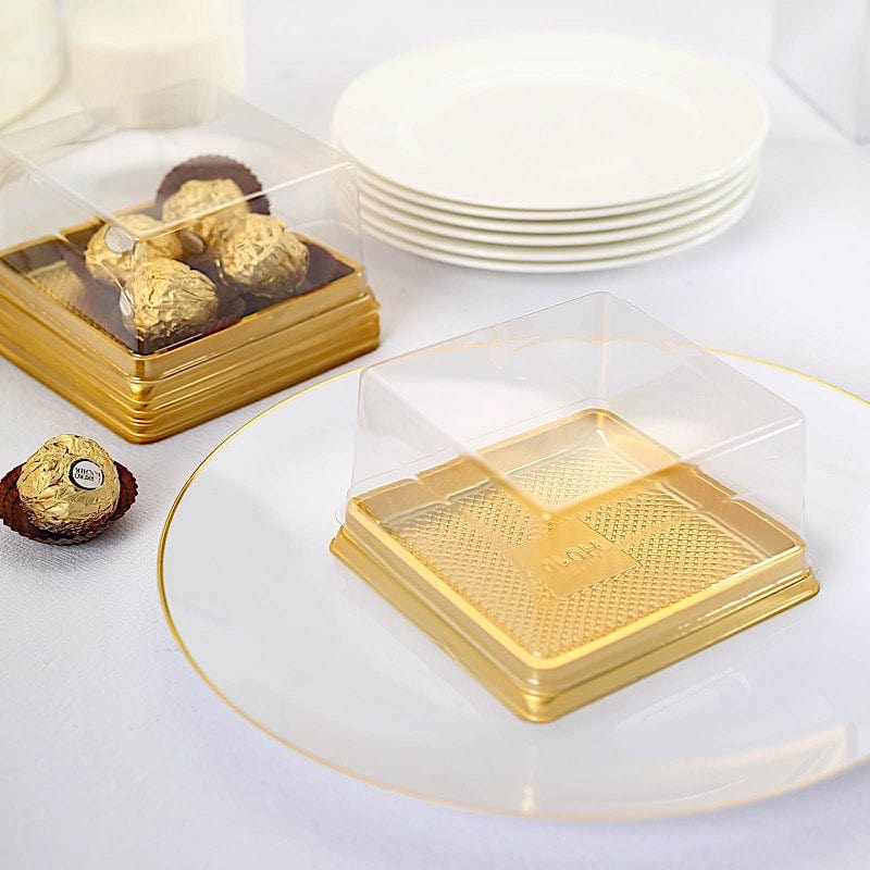 50 Gold Clear in Square Plastic Favor Boxes Dessert Cupcake Holders