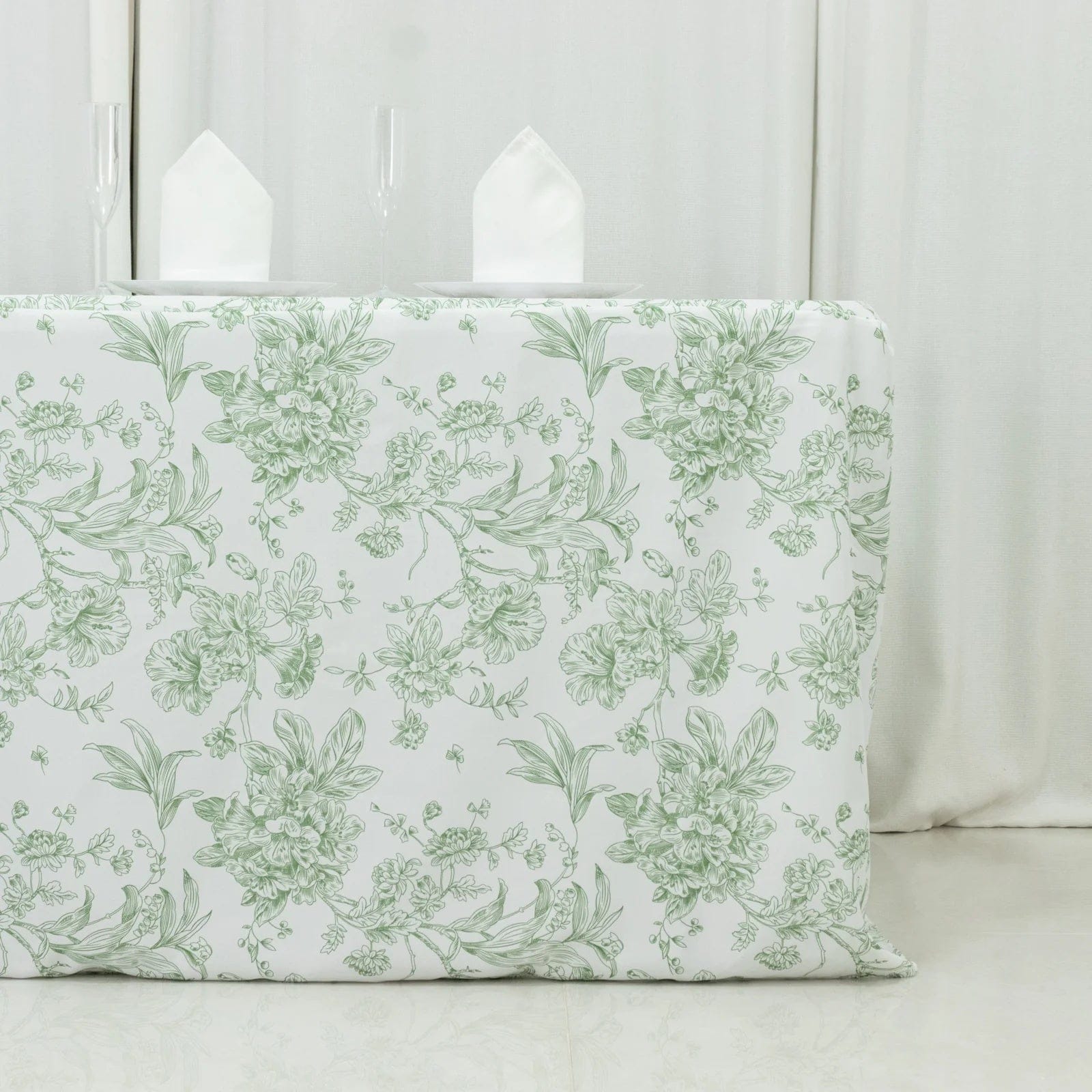 6 feet Fitted Polyester Rectangle Tablecloth with French Toile Floral Pattern
