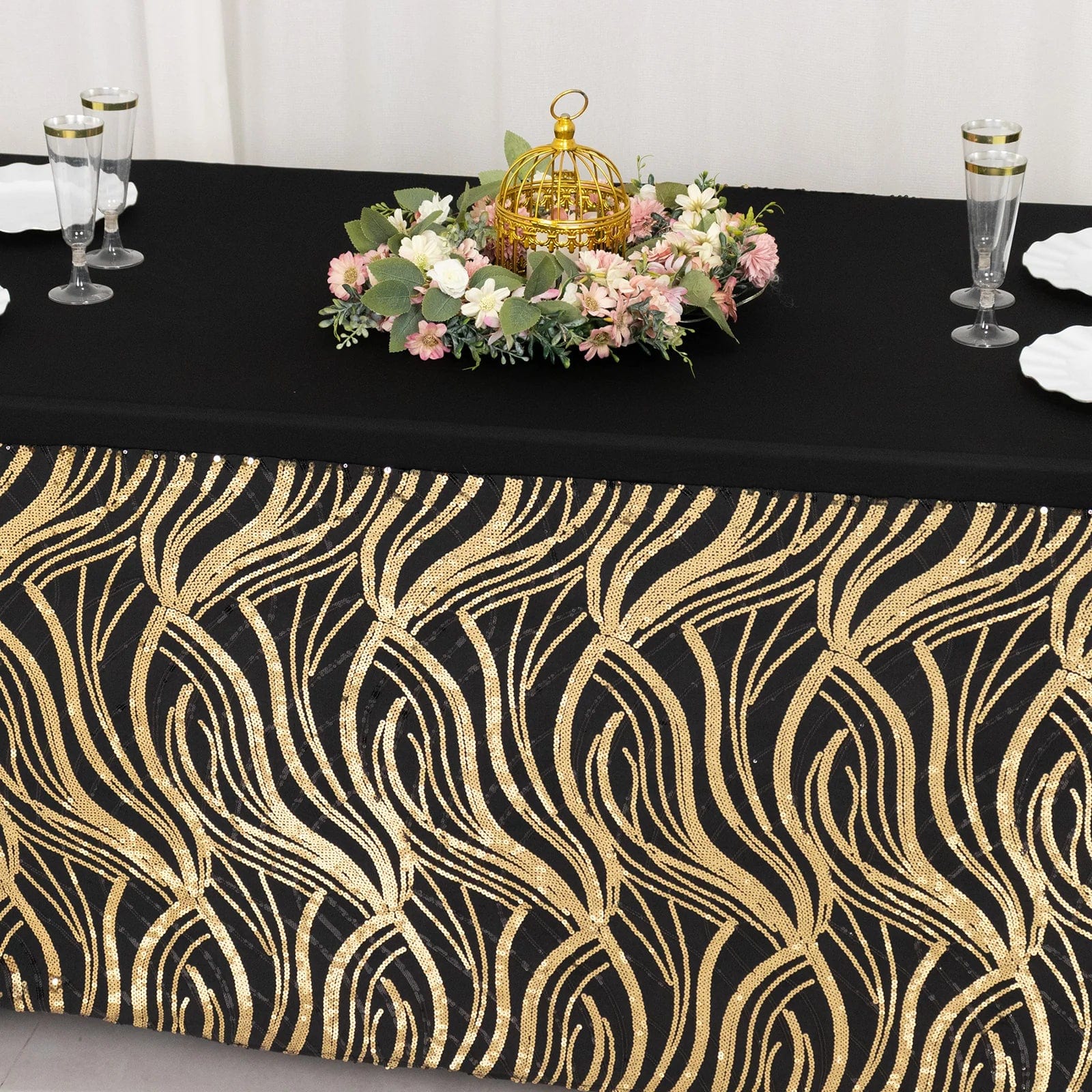 6 feet Gold Spandex Rectangle Tablecloth with Wave Embroidered Sequins