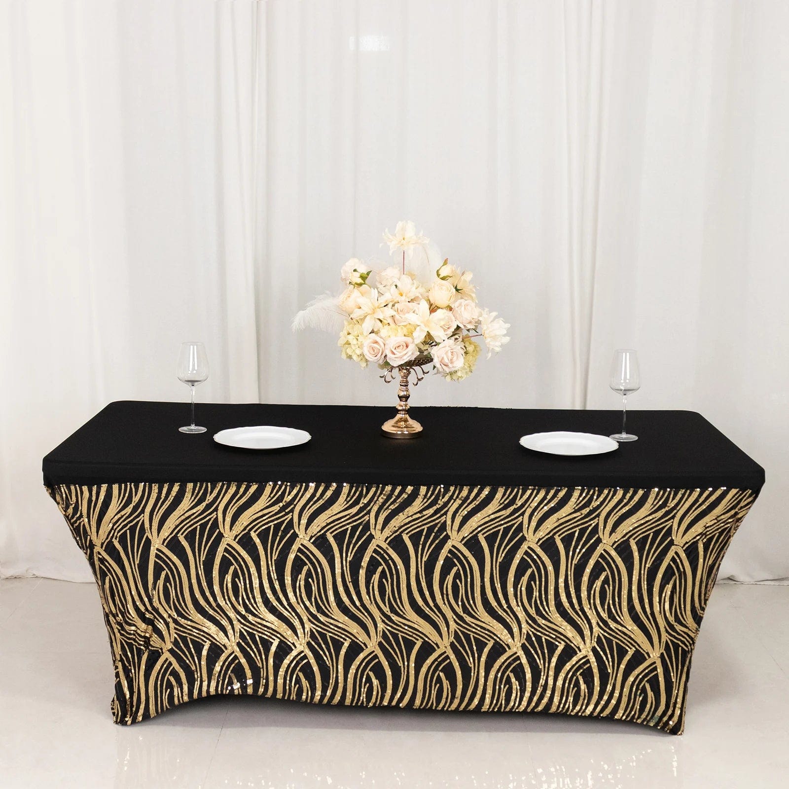 6 feet Gold Spandex Rectangle Tablecloth with Wave Embroidered Sequins