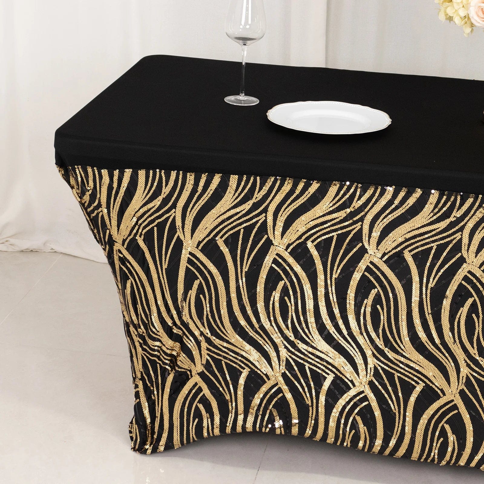 6 feet Gold Spandex Rectangle Tablecloth with Wave Embroidered Sequins