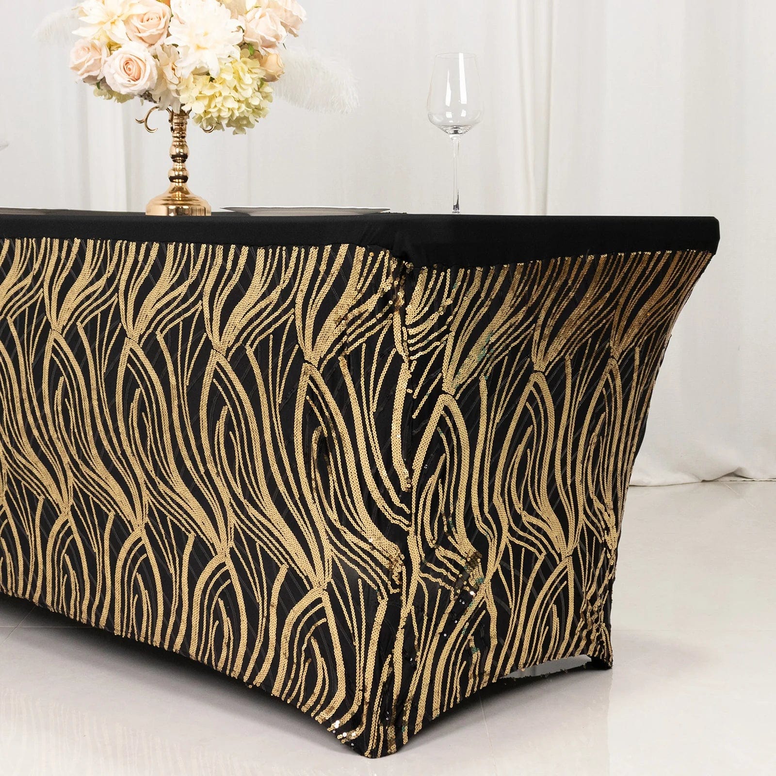 6 feet Gold Spandex Rectangle Tablecloth with Wave Embroidered Sequins