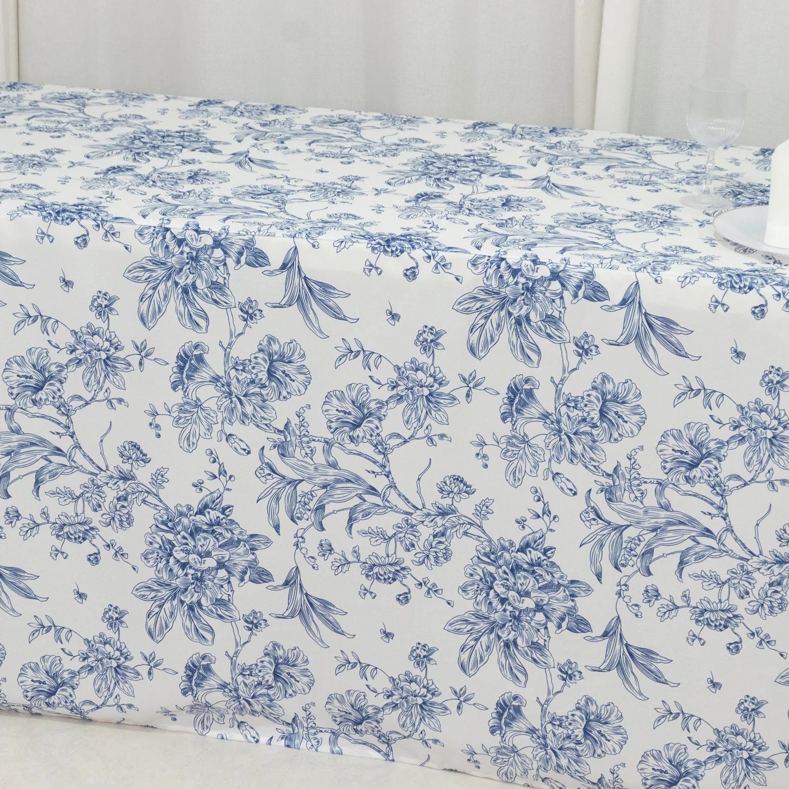8 feet Fitted Polyester Rectangle Tablecloth with French Toile Floral Pattern