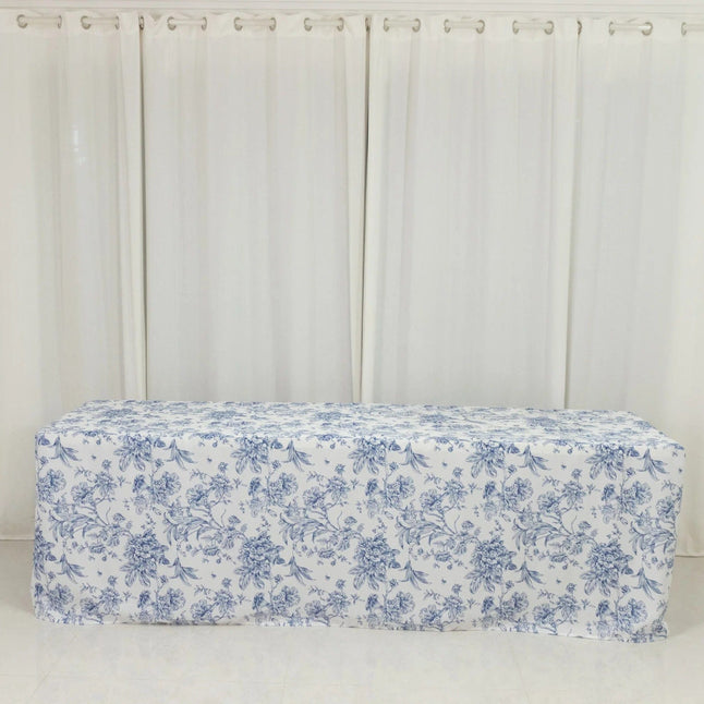 8 feet Fitted Polyester Rectangle Tablecloth with French Toile Floral Pattern