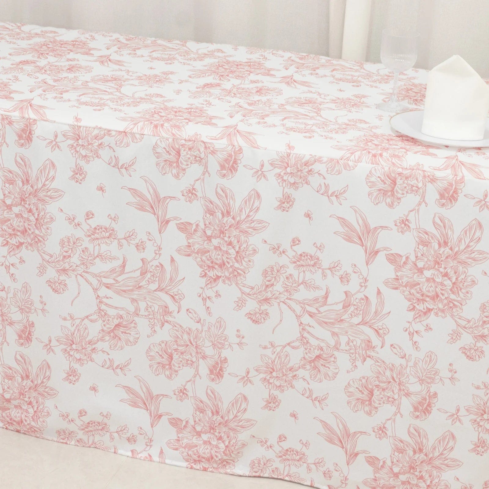 8 feet Fitted Polyester Rectangle Tablecloth with French Toile Floral Pattern