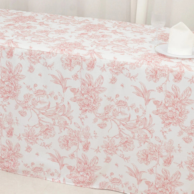 8 feet Fitted Polyester Rectangle Tablecloth with French Toile Floral Pattern