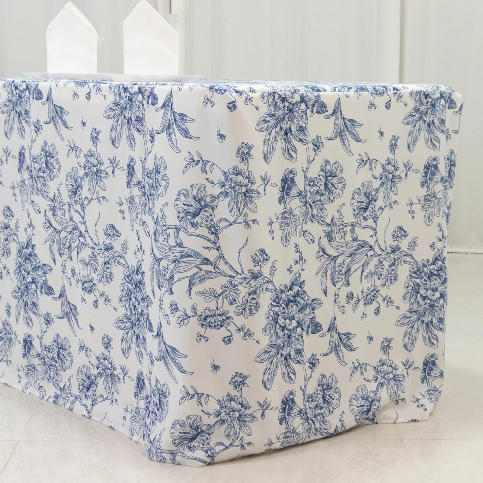 8 feet Fitted Polyester Rectangle Tablecloth with French Toile Floral Pattern