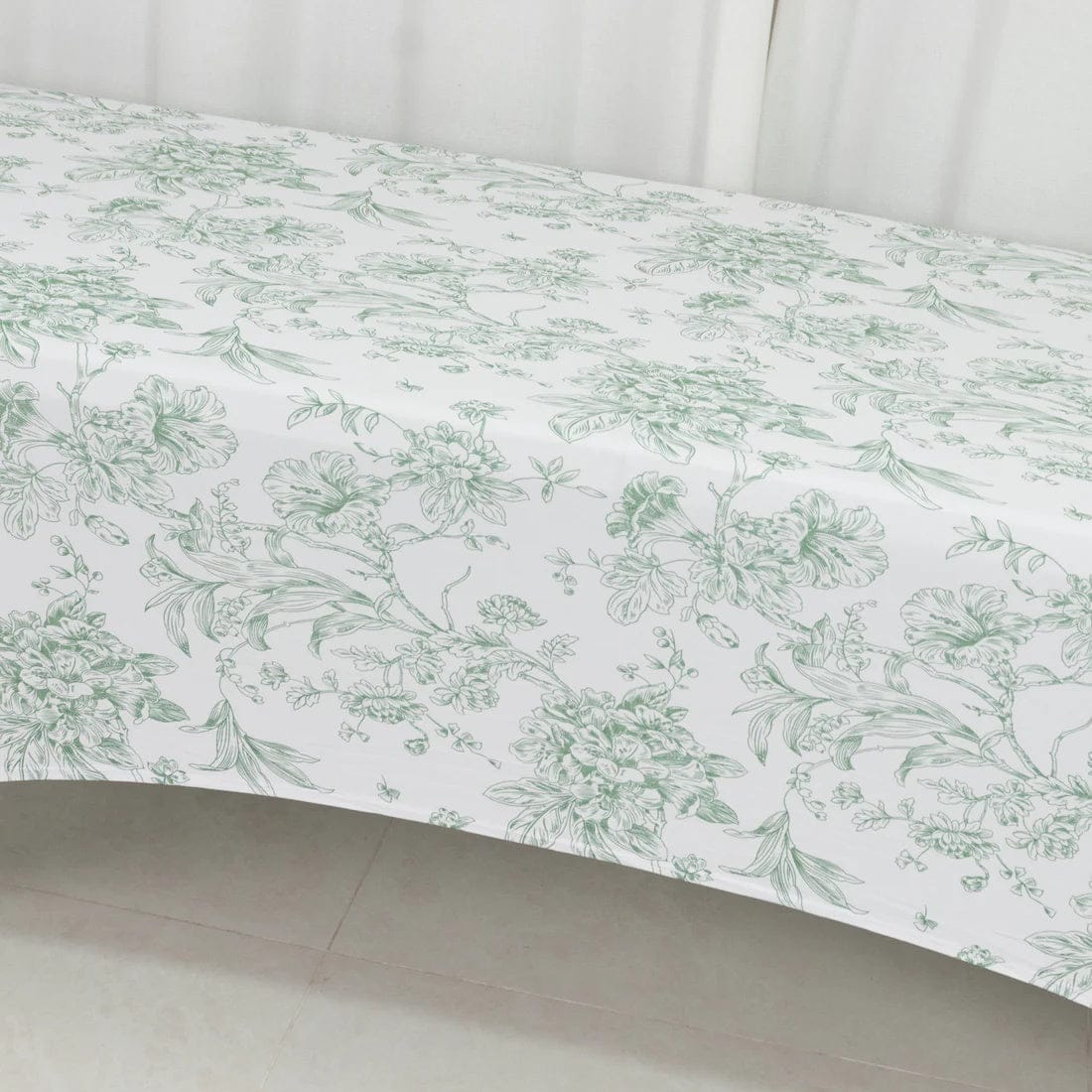 8 ft White Fitted Spandex Rectangular Tablecloth with French Toile Pattern