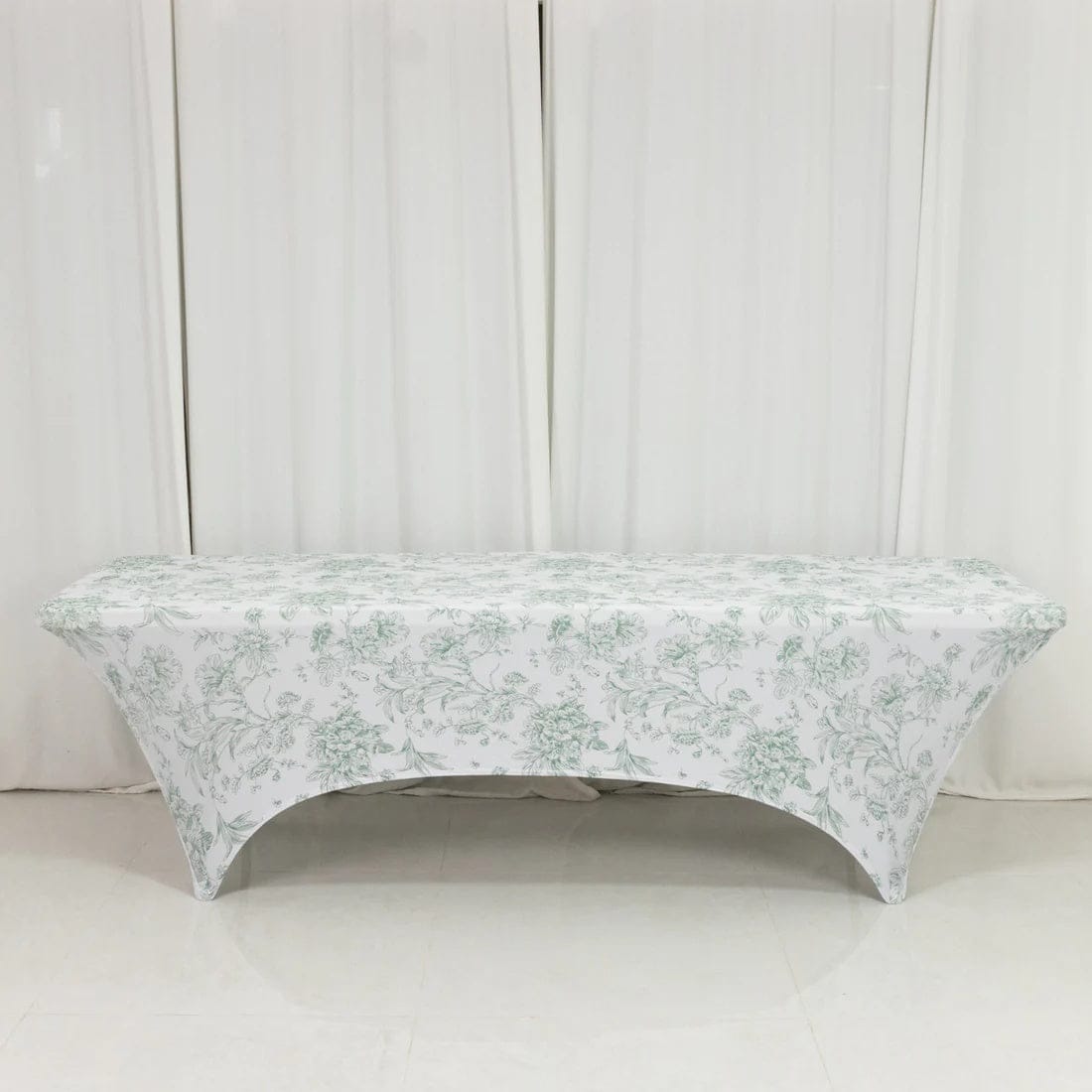 8 ft White Fitted Spandex Rectangular Tablecloth with French Toile Pattern